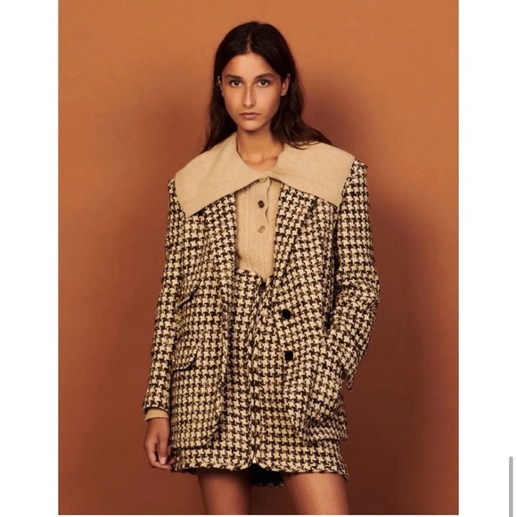 NWT SANDRO Esther Houndstooth Tweed Blazer Jacket Brown Tan sz 38 sz 8 reg $640 - Picture 1 of 15